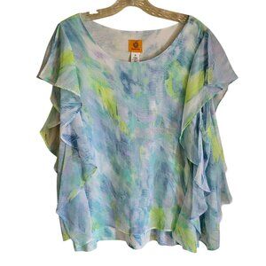 2 for $30 Ruby Rd Top Women's Medium Watercolor‎ Blue Ruffled Sleeves Boho